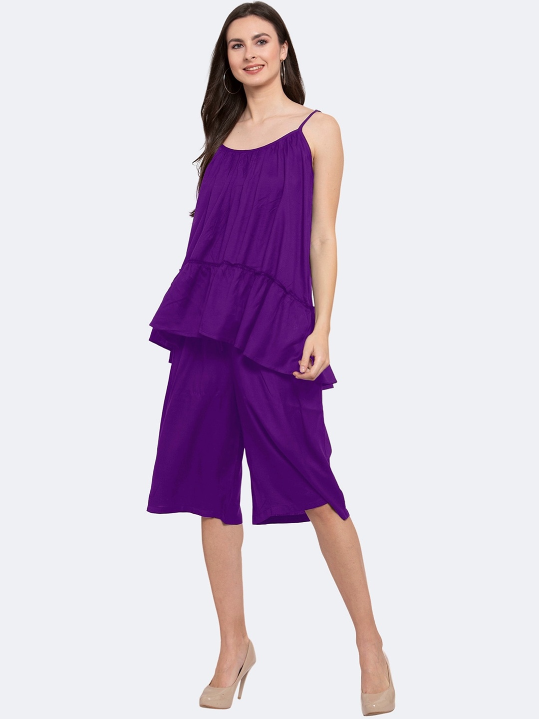 

PATRORNA Shoulder Straps Top With Capris Co-Ords, Purple