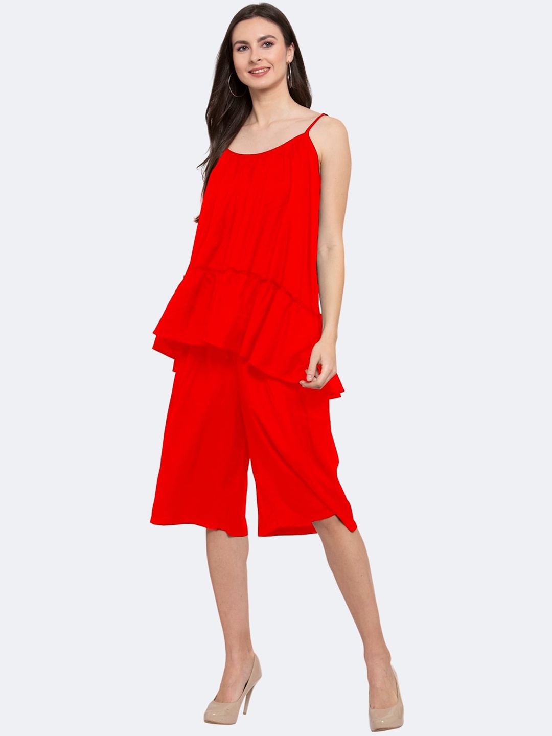 

PATRORNA Shoulder Straps Top With Capris Co-Ords, Red
