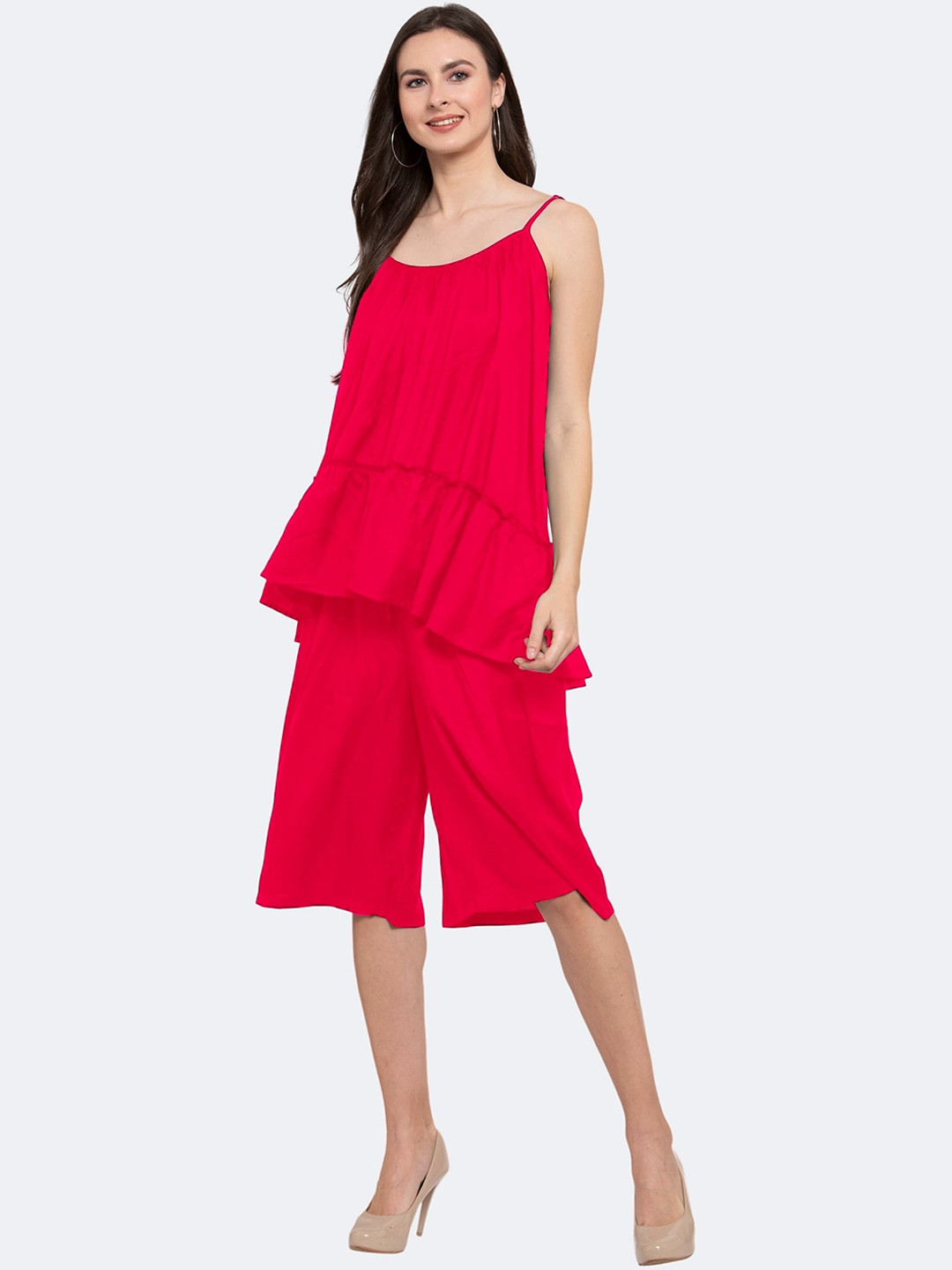 

PATRORNA Shoulder Straps Top With Capris Co-Ords, Pink