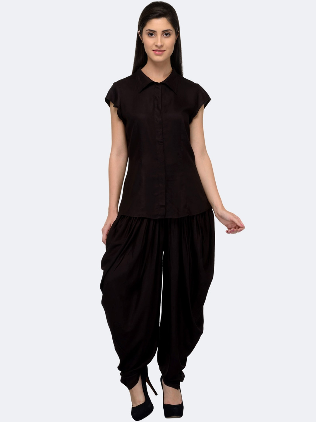 

PATRORNA Shirt Collar Short Sleeves Night suit, Black