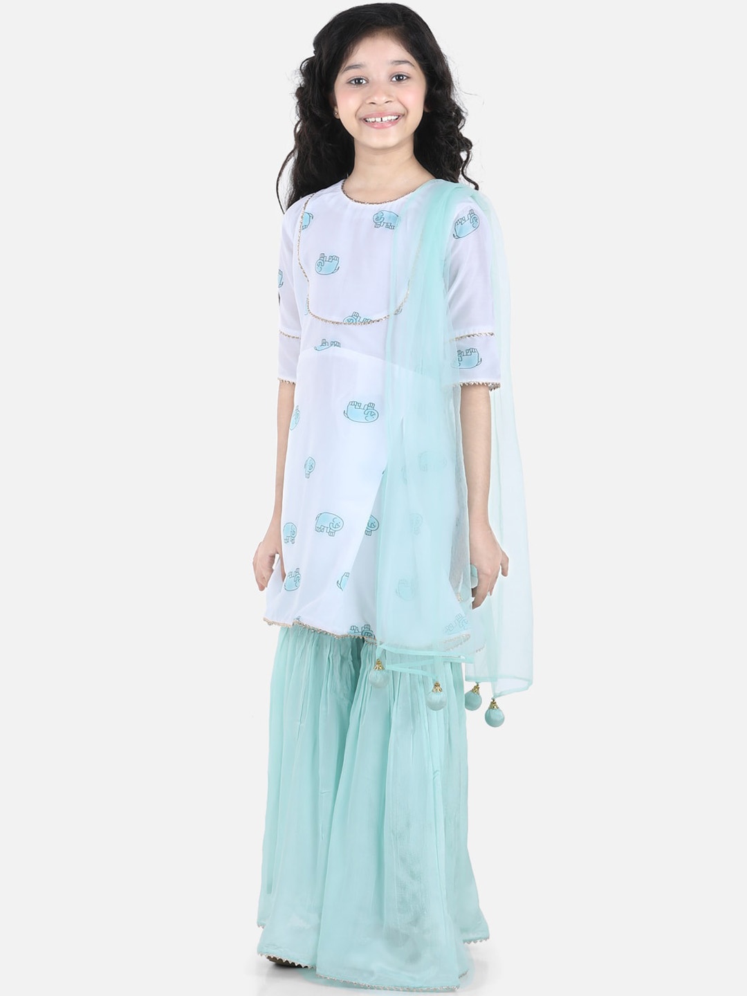 

WhiteHenz CLOTHING Girls Ethnic Motifs Printed A Line Kurta With Sharara & Dupatta, Blue