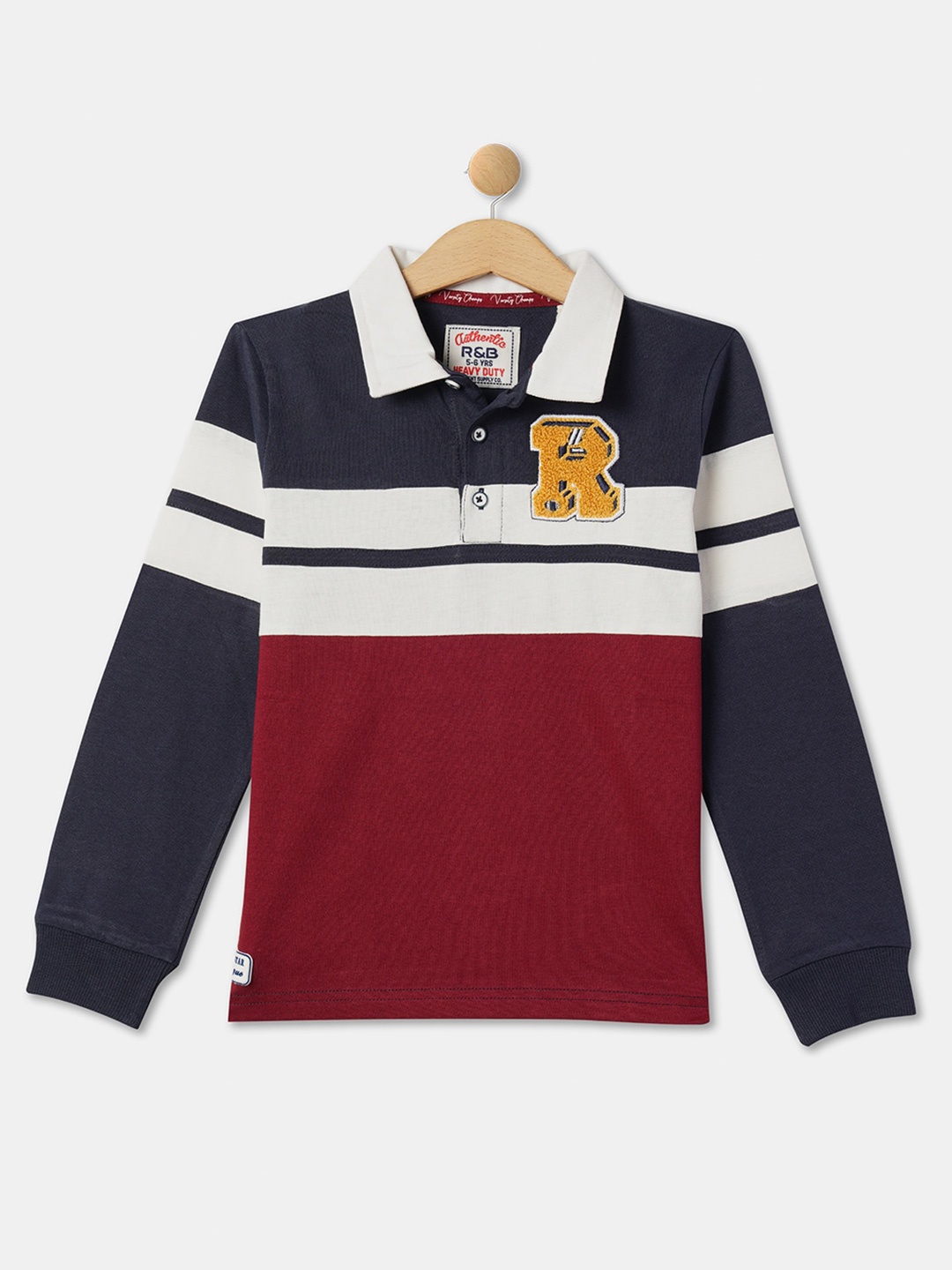 

R&B Boys Striped Polo Collar Applique Cotton T-shirt, Red