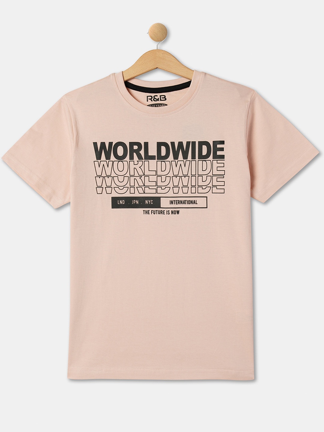 R&B Boys Typography Printed Cotton T-shirt, Beige