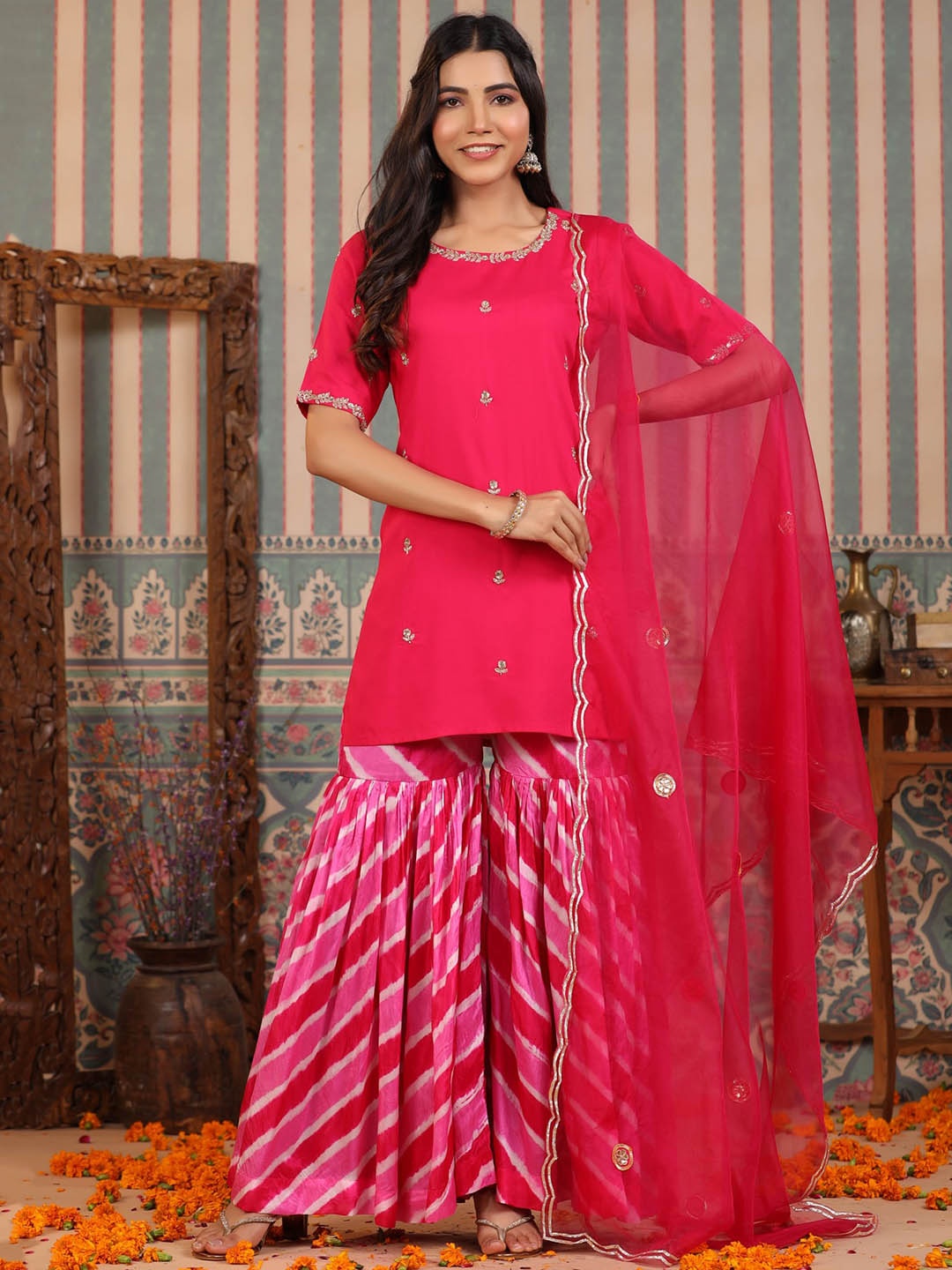 

Rangeelo Floral Embroidered Regular Kurta With Sharara & Dupatta, Pink