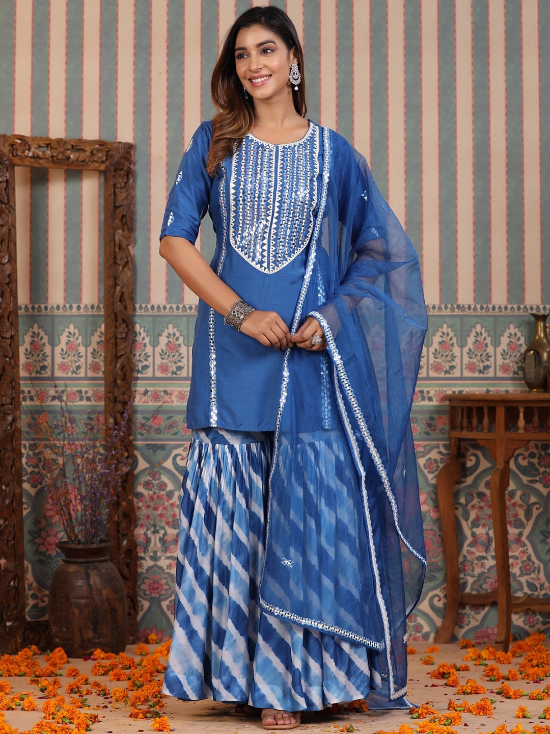 

Rangeelo Geometric Yoke Design Mirror Work Kurti with Sharara & Dupatta, Blue