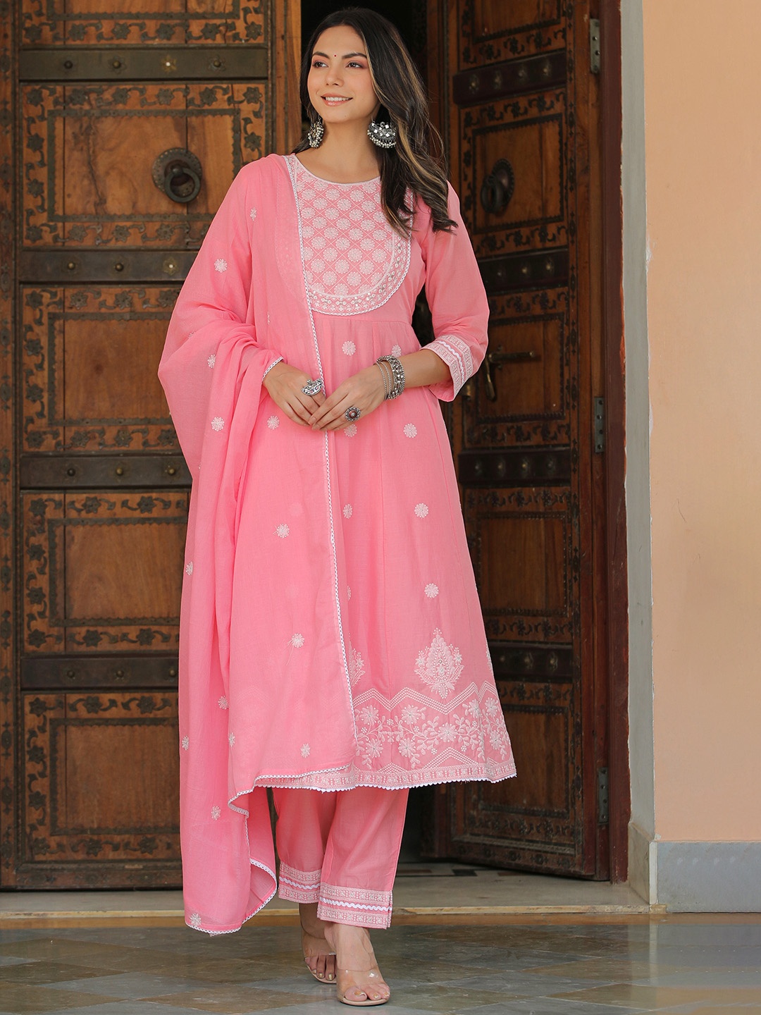 

Rangeelo Floral Embroidered Regular A-Line Kurta & Palazzos With Dupatta, Pink