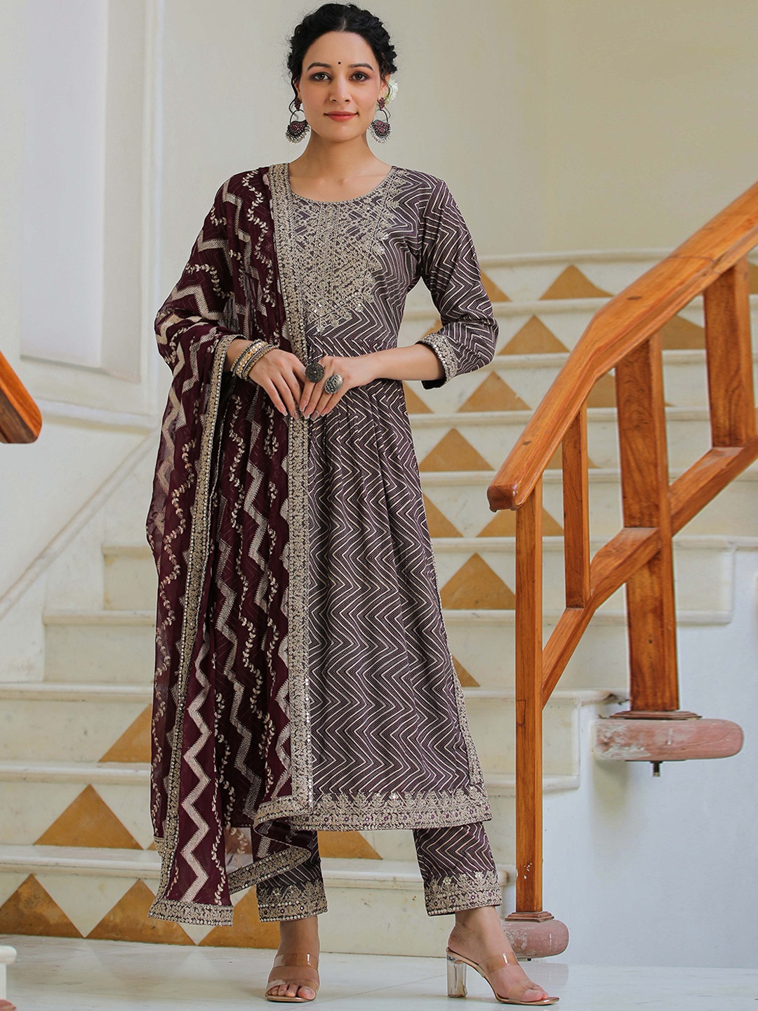 

Rangeelo Embroidered Sequinned Regular Kurta With Palazzos & Dupatta, Purple