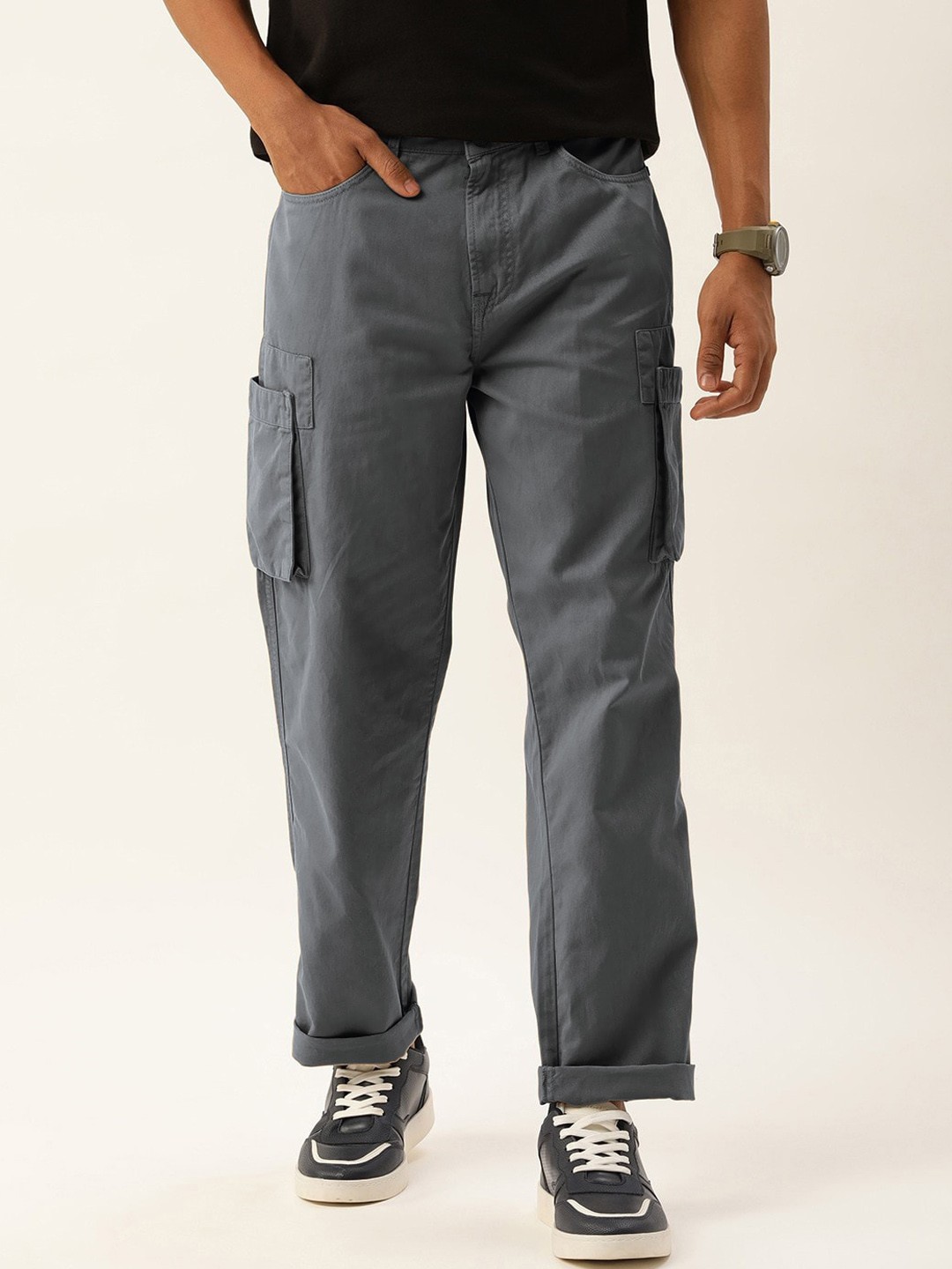

Bene Kleed Men Straight Fit Mid-Rise Cotton Cargos Trousers, Grey