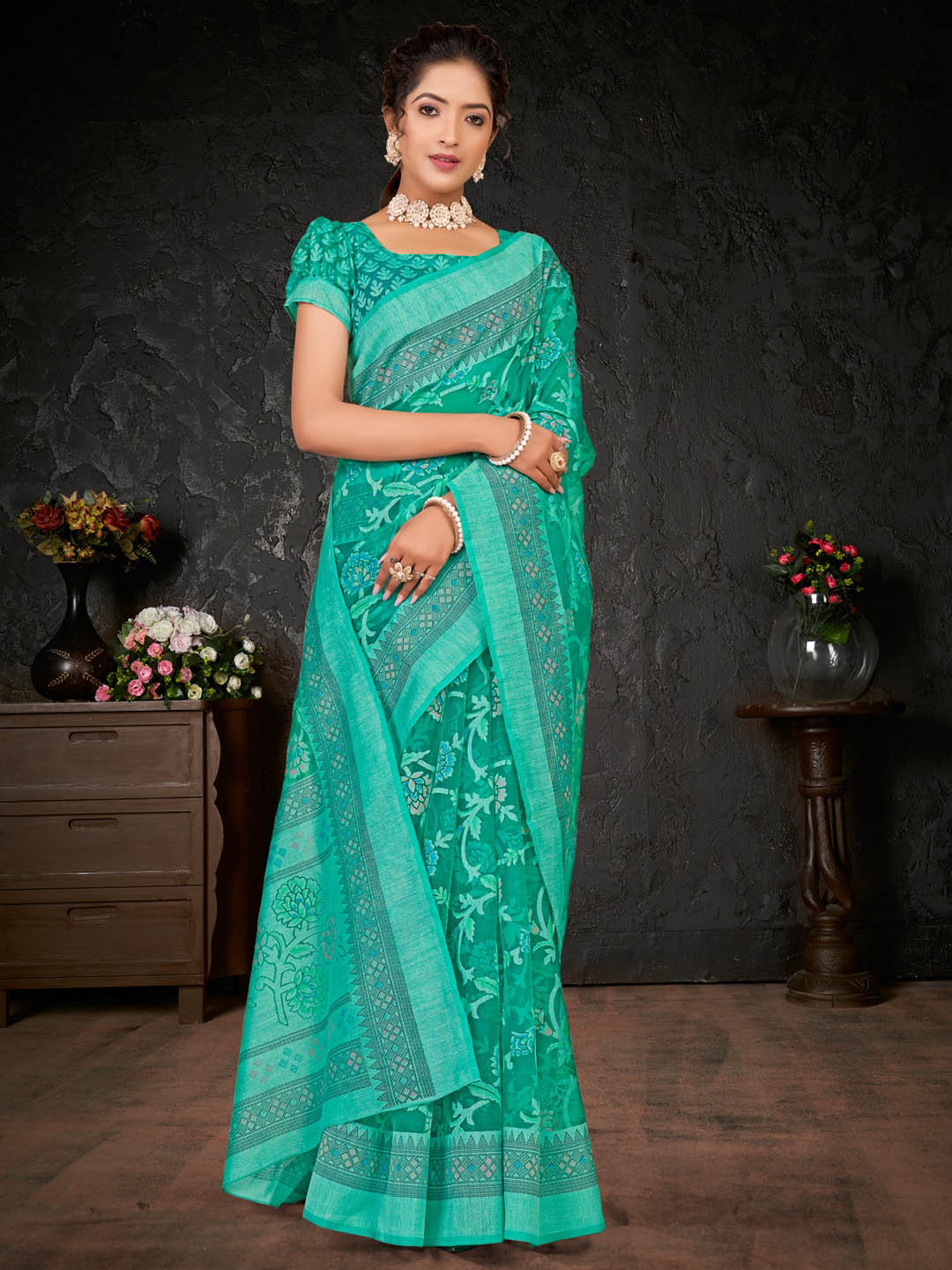 

Anouk Sea Green Floral Printed Brasso Chanderi Saree