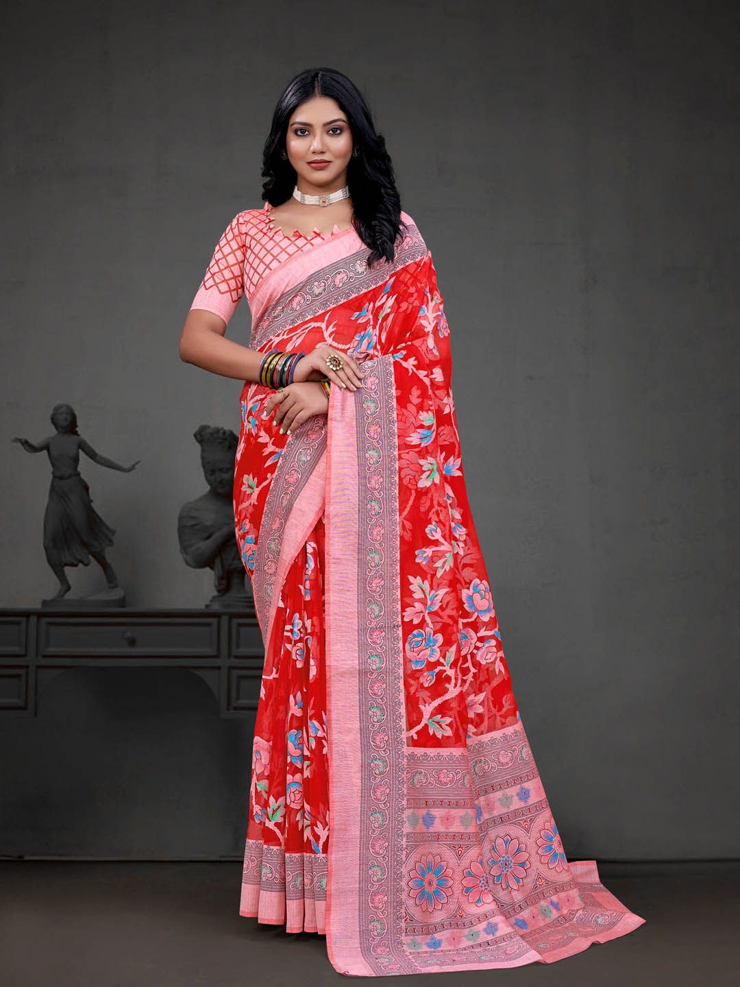 

Anouk Red & Blue Floral Printed Brasso Chanderi Saree