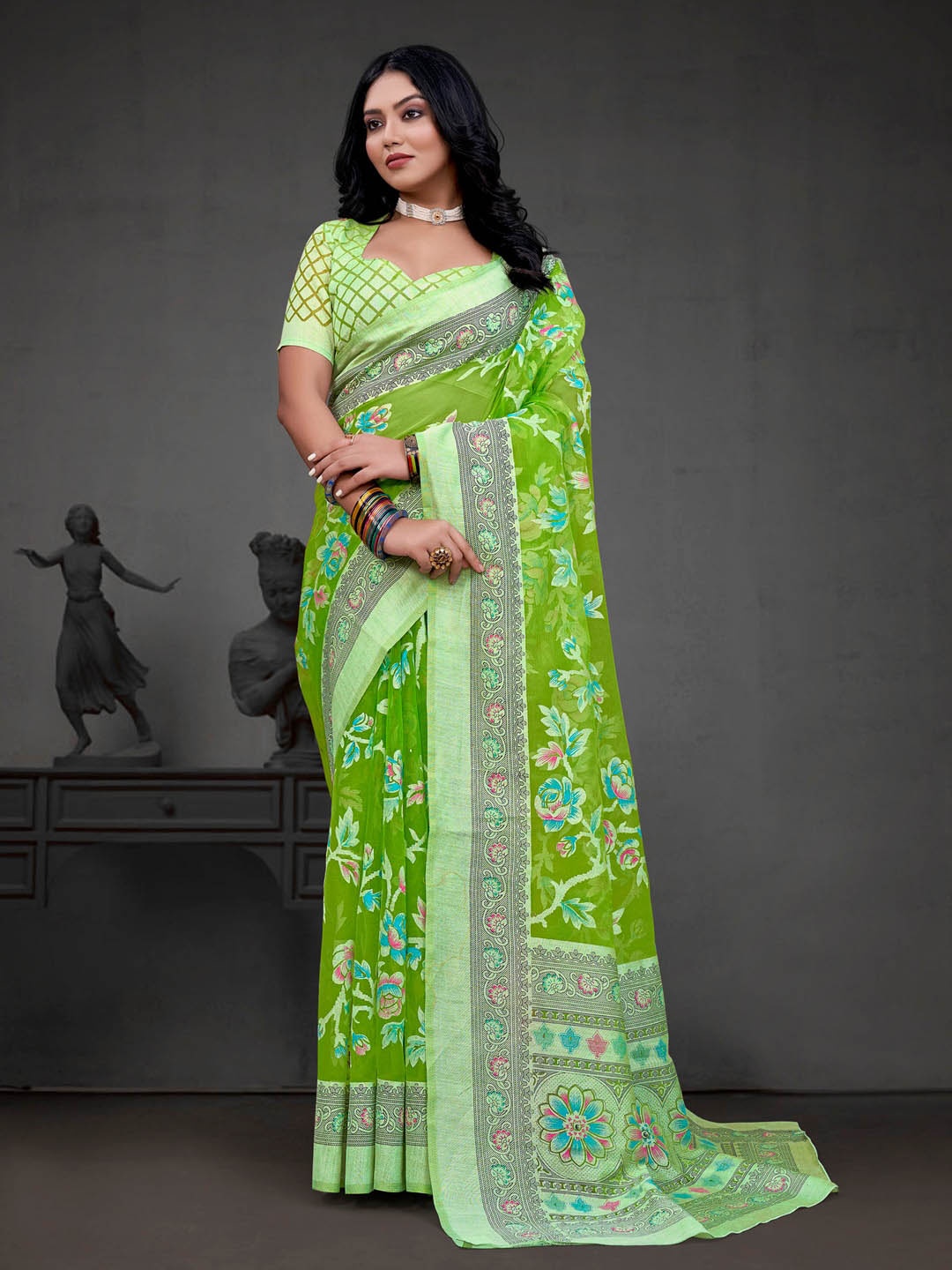 

Anouk Green & Blue Floral Printed Brasso Chanderi Saree