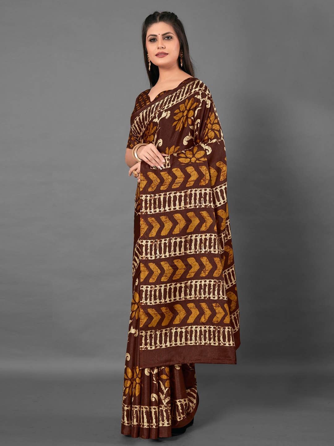 

Anouk Brown & Cream-Coloured Floral Printed Silk Blend Block Print Saree