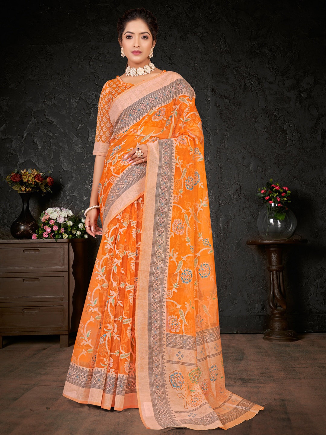 

Anouk Orange & Blue Ethnic Motifs Printed Brasso Chanderi Saree