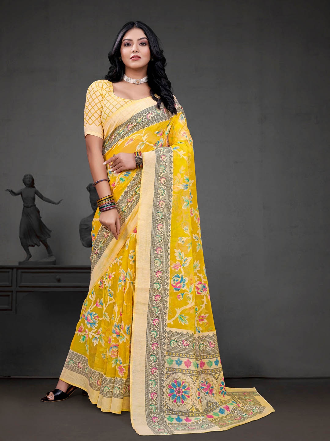

Anouk Yellow & Pink Ethnic Motifs Printed Brasso Chanderi Saree