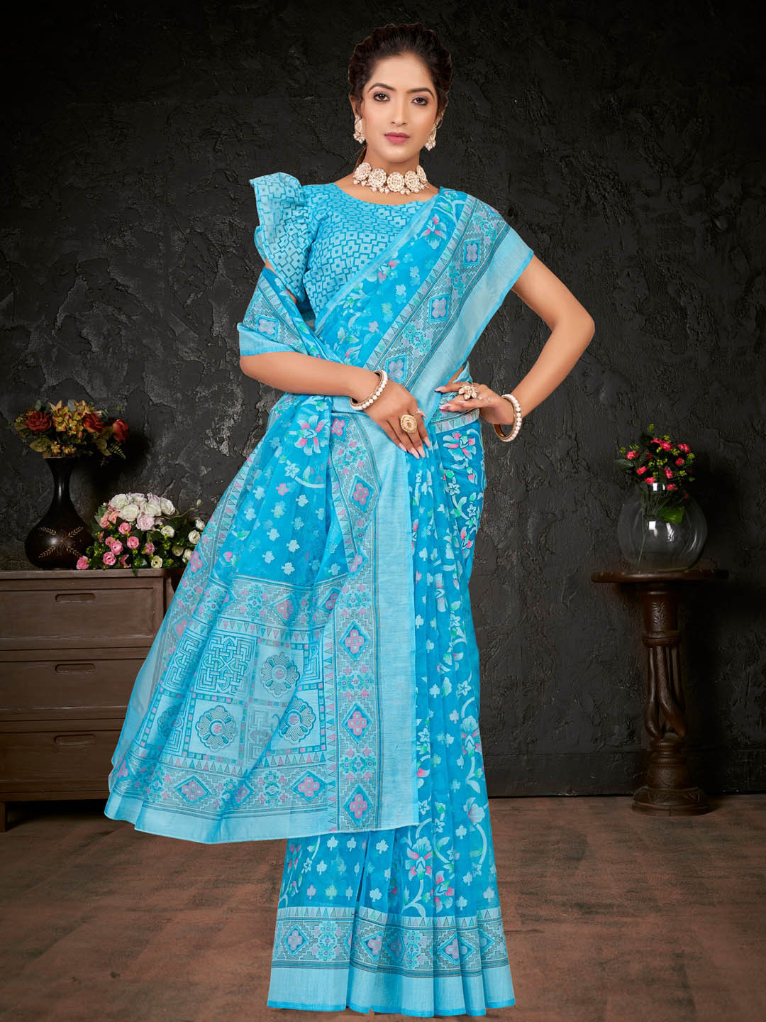 

Anouk Blue & Red Ethnic Motifs Printed Brasso Chanderi Saree