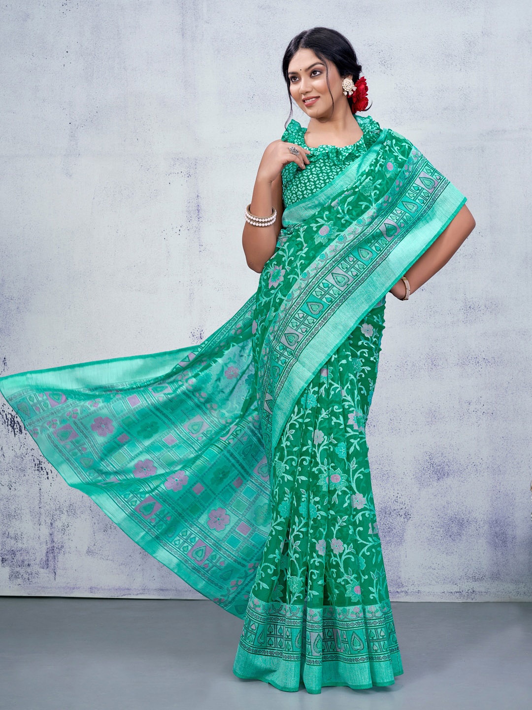 

Anouk Floral Printed Brasso Chanderi Saree, Green