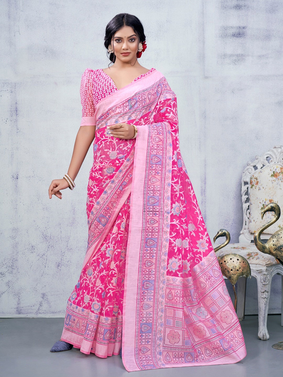 

Anouk Pink & Blue Ethnic Motifs Printed Chanderi Brasso Saree