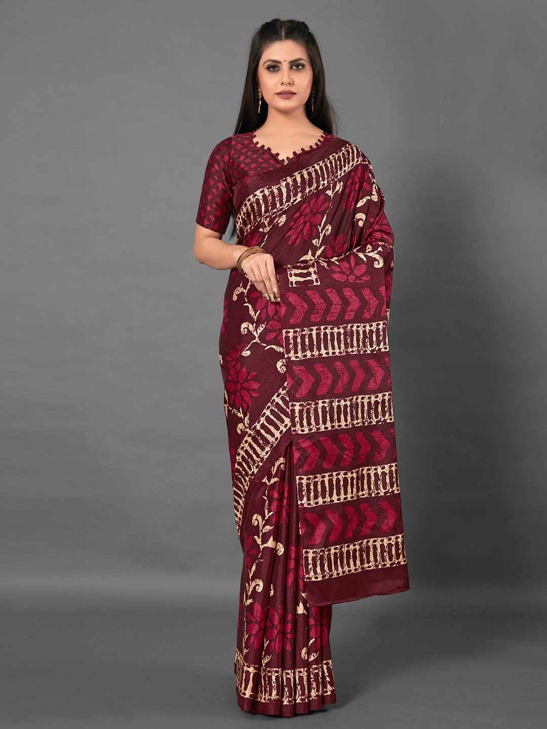 

Anouk Maroon Floral Printed Block Print Saree