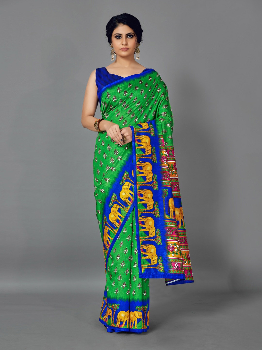 

Anouk Ethnic Motifs Printed Bagru Saree, Green