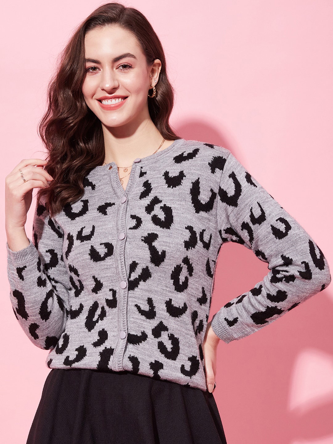 

Modeve Animal Printed Ribbed Cardigan, Grey