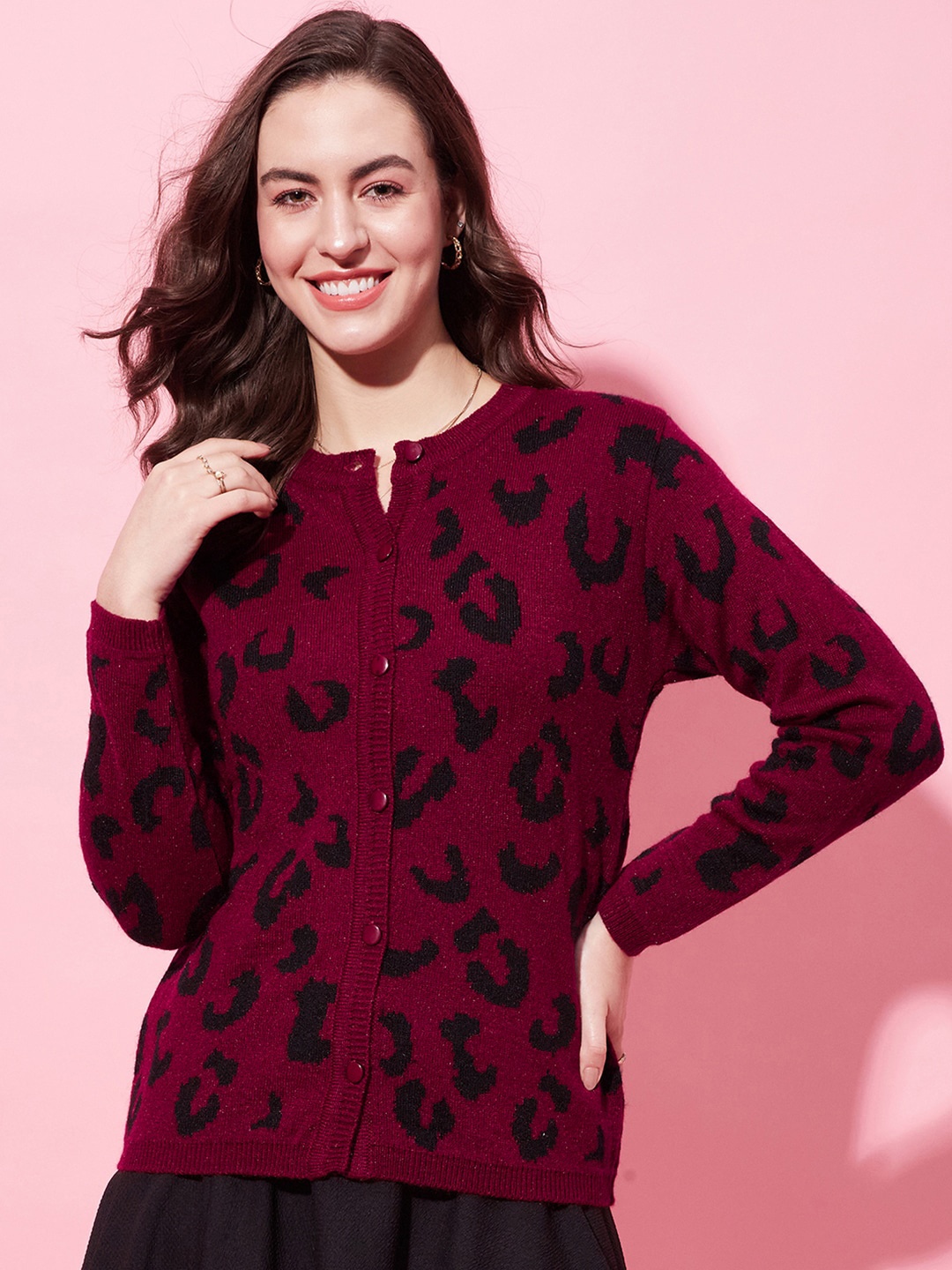 

Modeve Animal Printed Acrylic Cardigan Sweater, Maroon