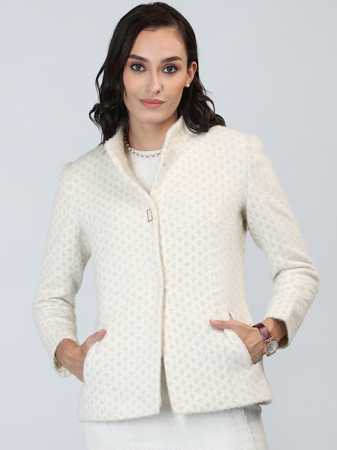 

LURE URBAN Self Design Single-Breasted Woolen Trench Coat, Off white