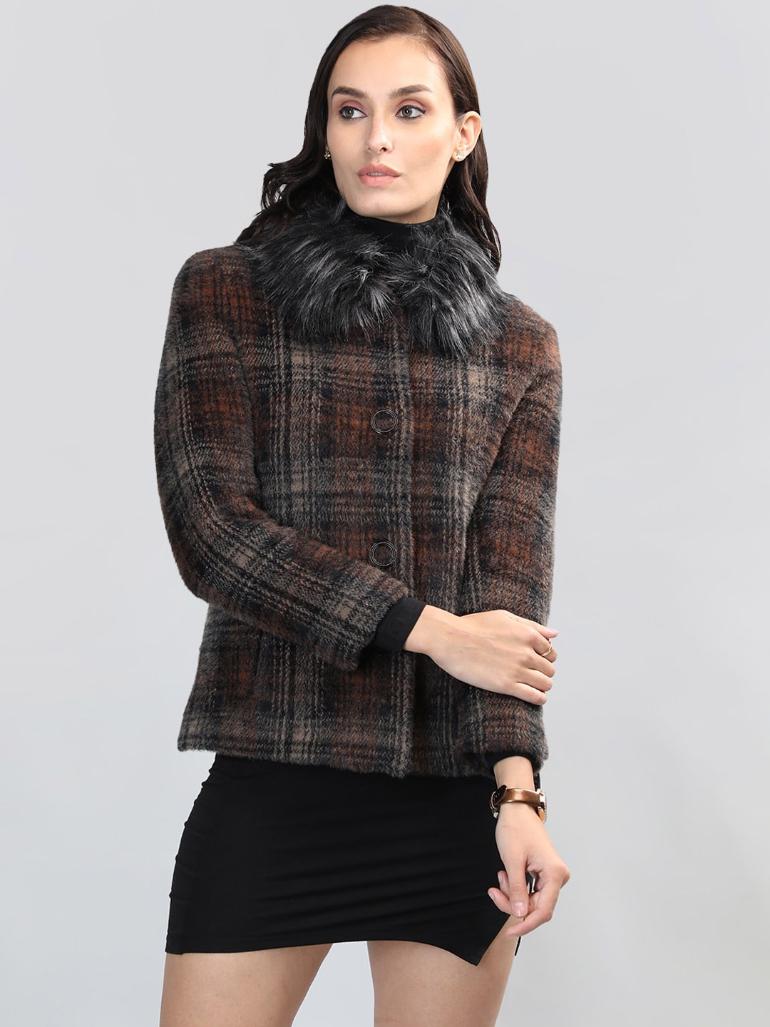 

LURE URBAN Checked Woollen Pea Coat, Coffee brown