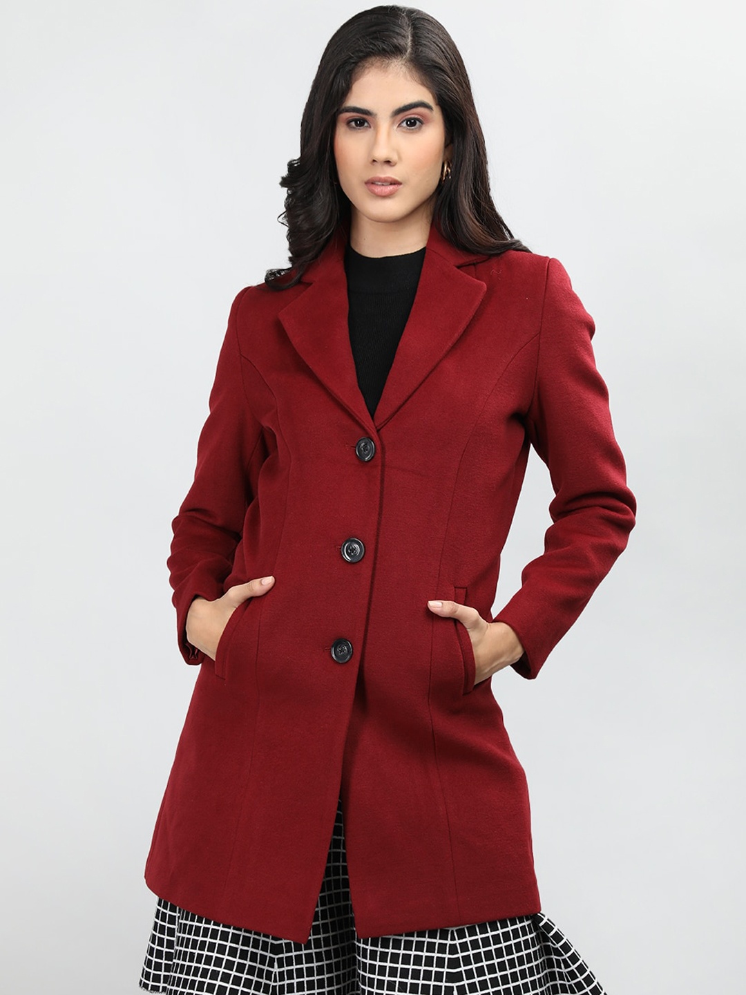 

LURE URBAN Notched Lapel Long Sleeves Longline Overcoat, Maroon