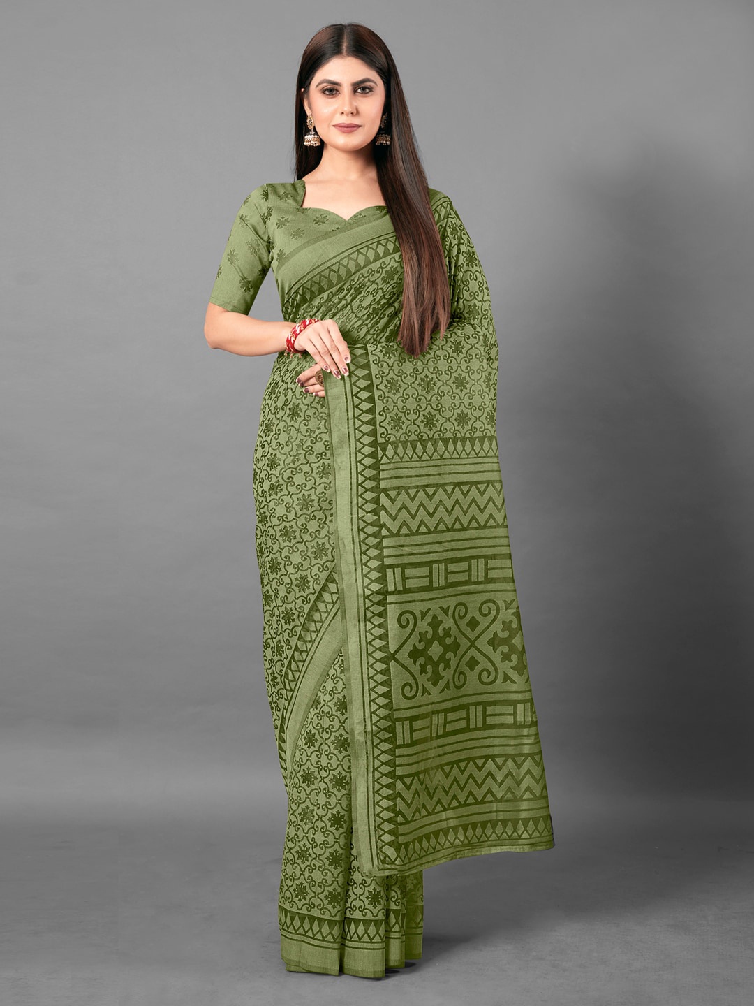 

Anouk Ethnic Motifs Printed Brasso Chanderi Saree, Green