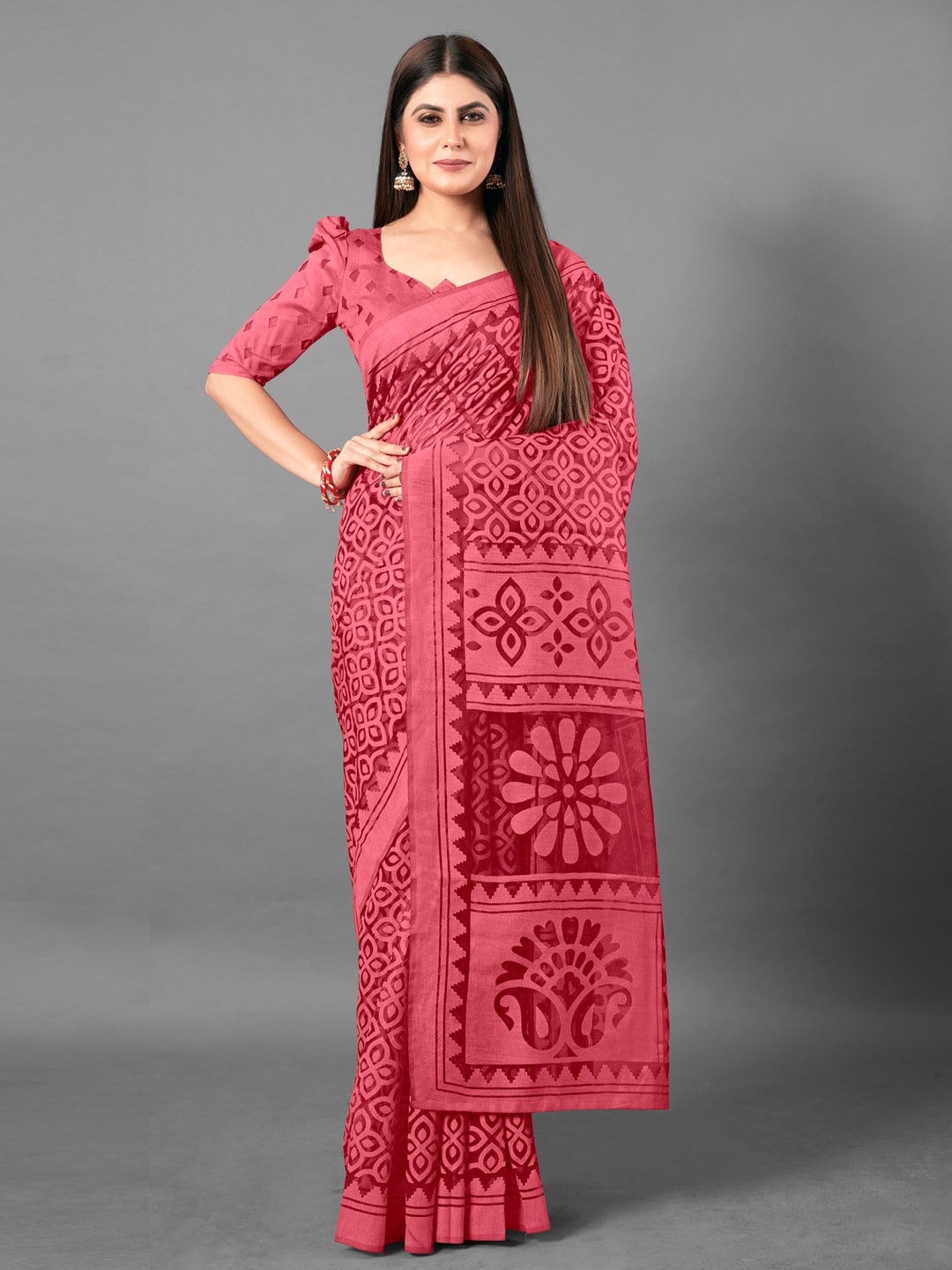 

Anouk Pink & Red Ethnic Motifs Printed Chanderi Saree