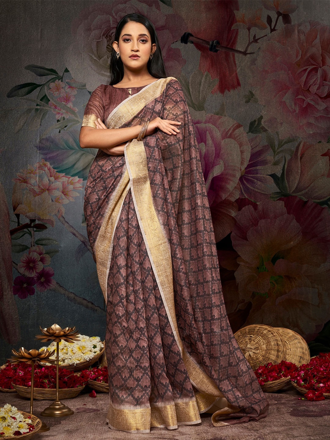 

Anouk Rustic Ethnic Motifs Printed Zari Sungudi Saree, Brown