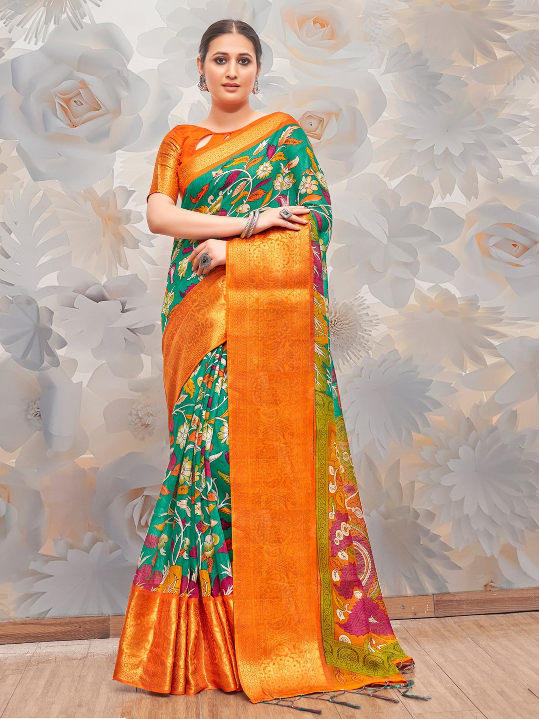

Anouk Teal & Orange Floral Printed Zari Banarasi Saree, Green
