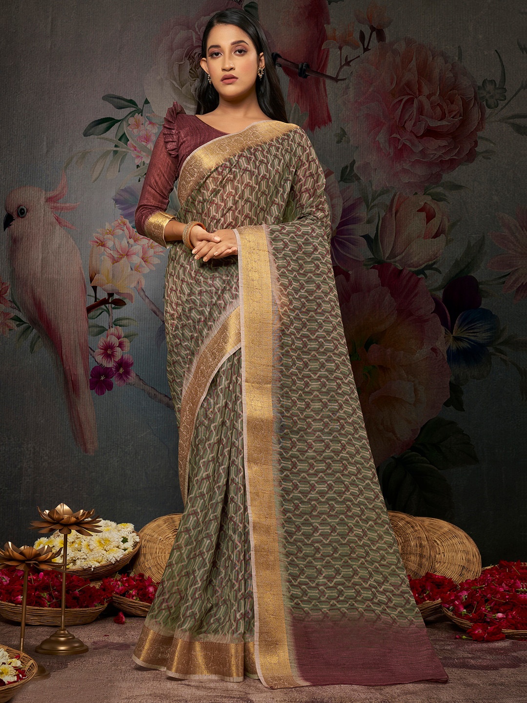 

Anouk Rustic Green & Brown Geometric Printed Zari Saree