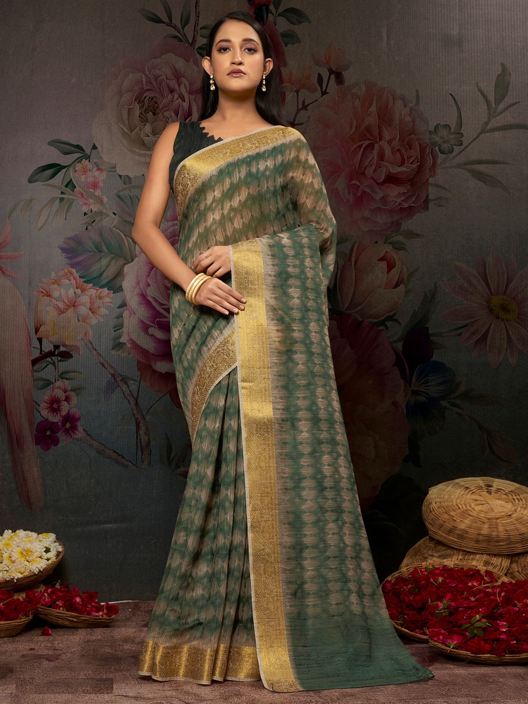 

Anouk Geometric Printed Zari Banarasi Saree, Olive