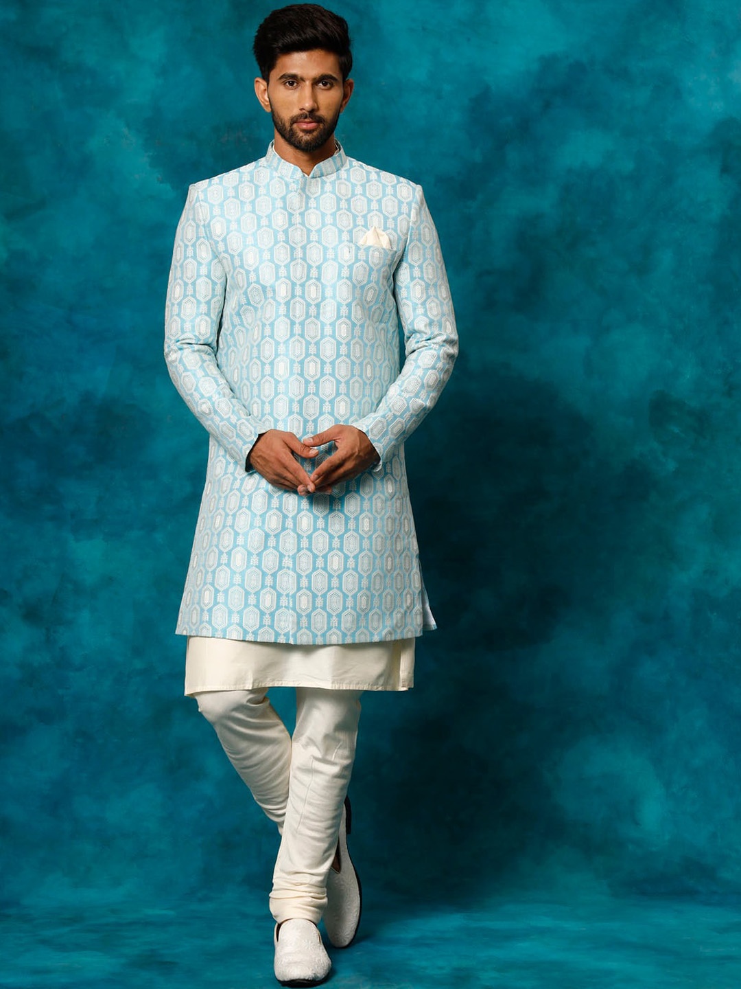 

VASTRAMAY Embroidered Indo Western Sherwani Set, Blue