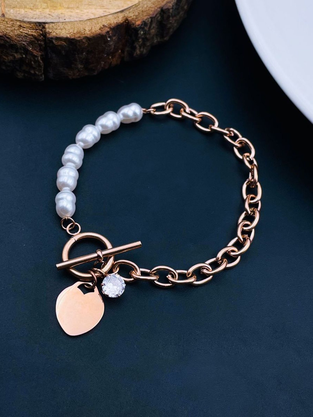 

ZIVOM Rose Gold & White Pearls Rose Gold-Plated Link Bracelet