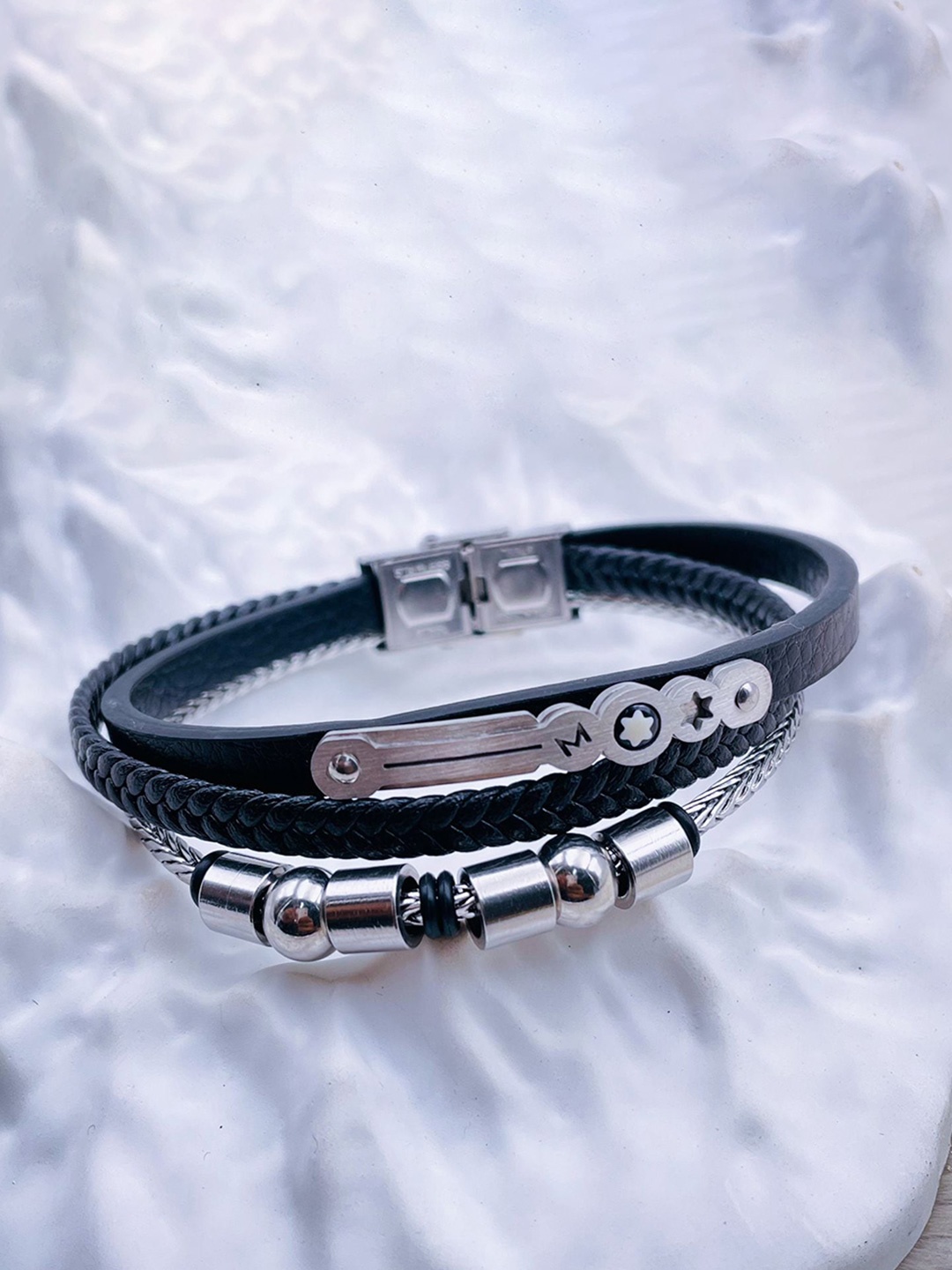 

ZIVOM Men Silver Plated Leather Multistrand Bracelet
