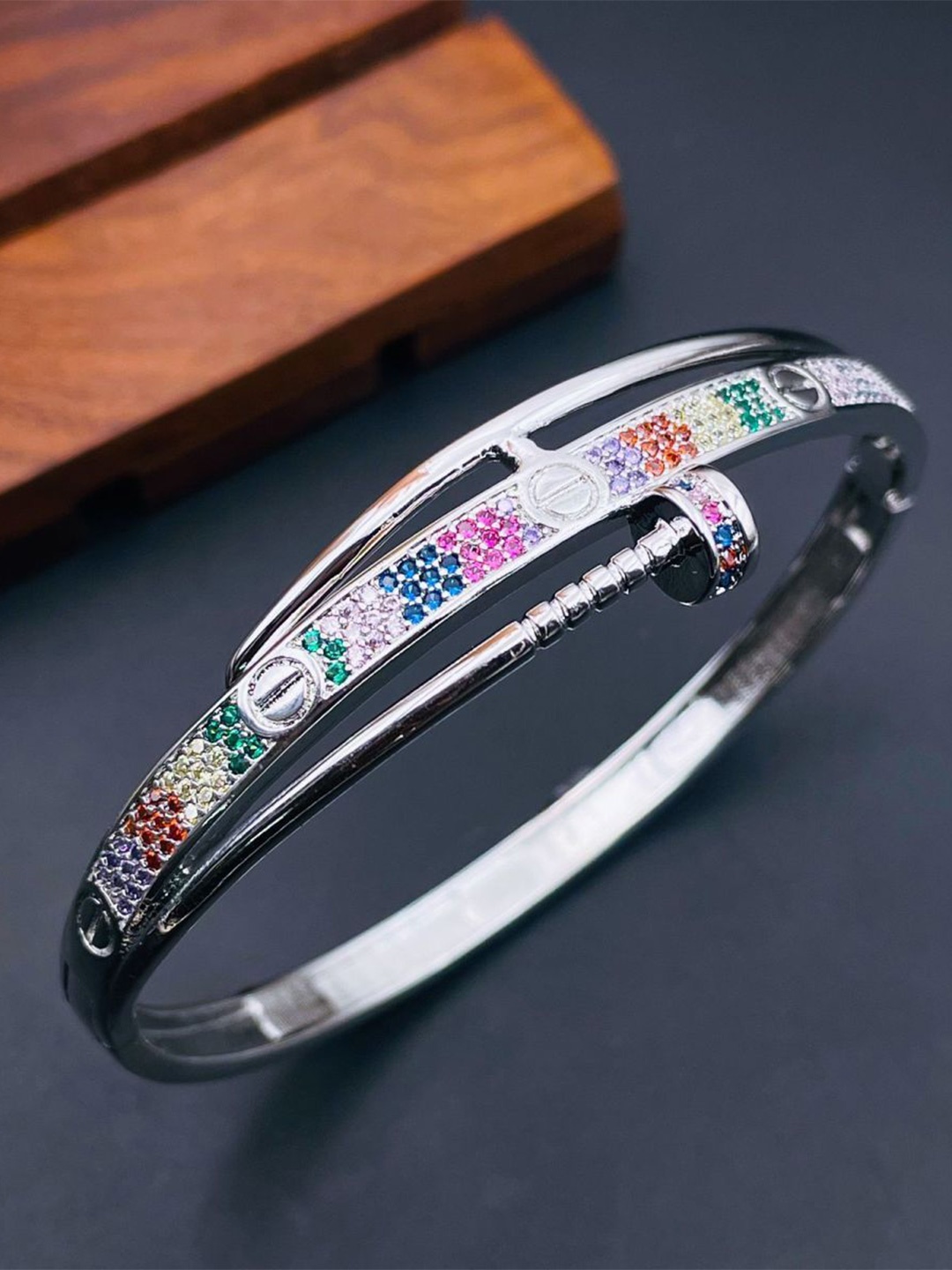 

ZIVOM Brass Cubic Zirconia Silver-Plated Kada Bracelet