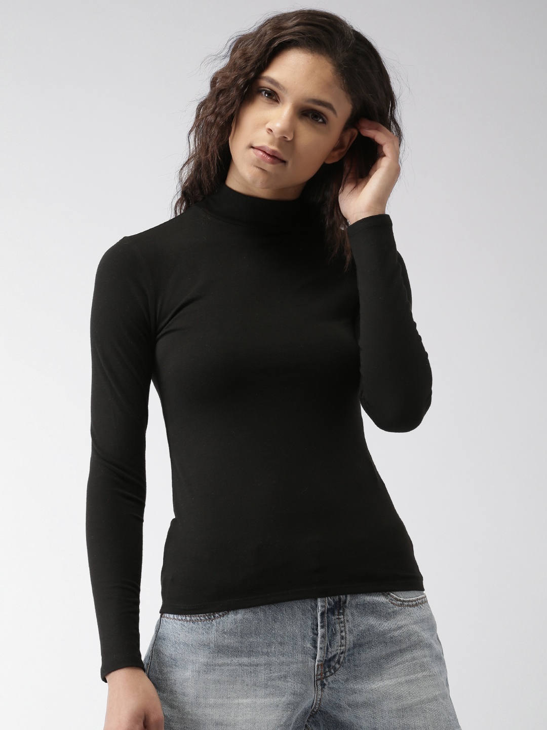 

FOREVER 21 Women Black Solid Turtle Neck T-shirt