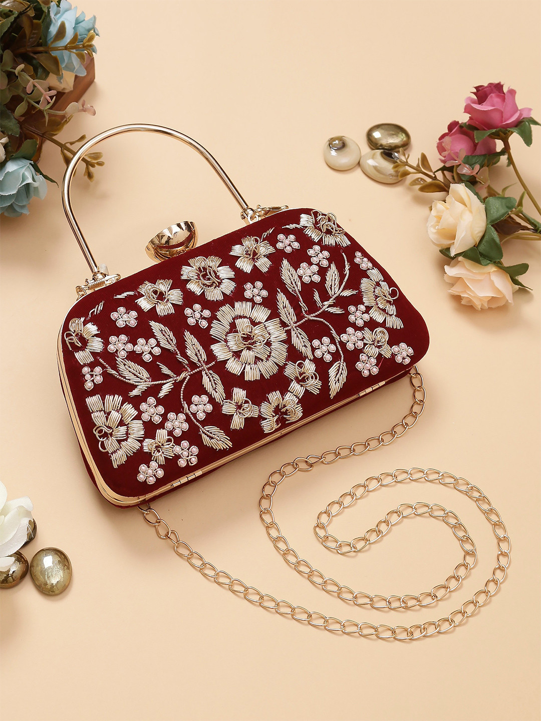 

Swisni Floral Embroidered Box Clutch, Maroon