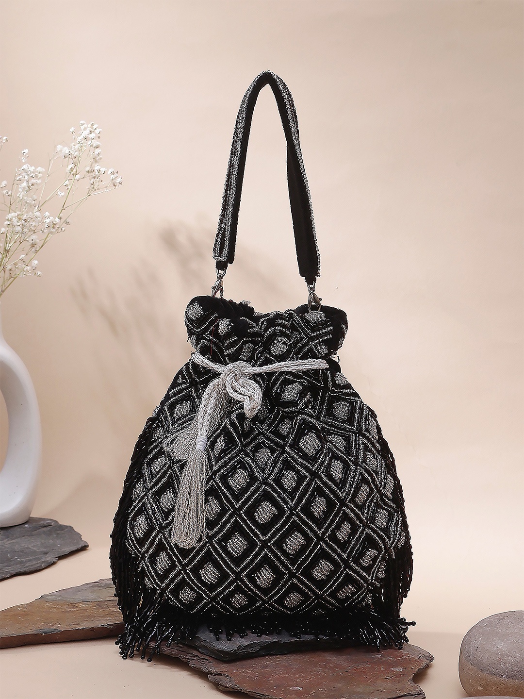 

Swisni Embellished Tasseled Potli Clutch, Black