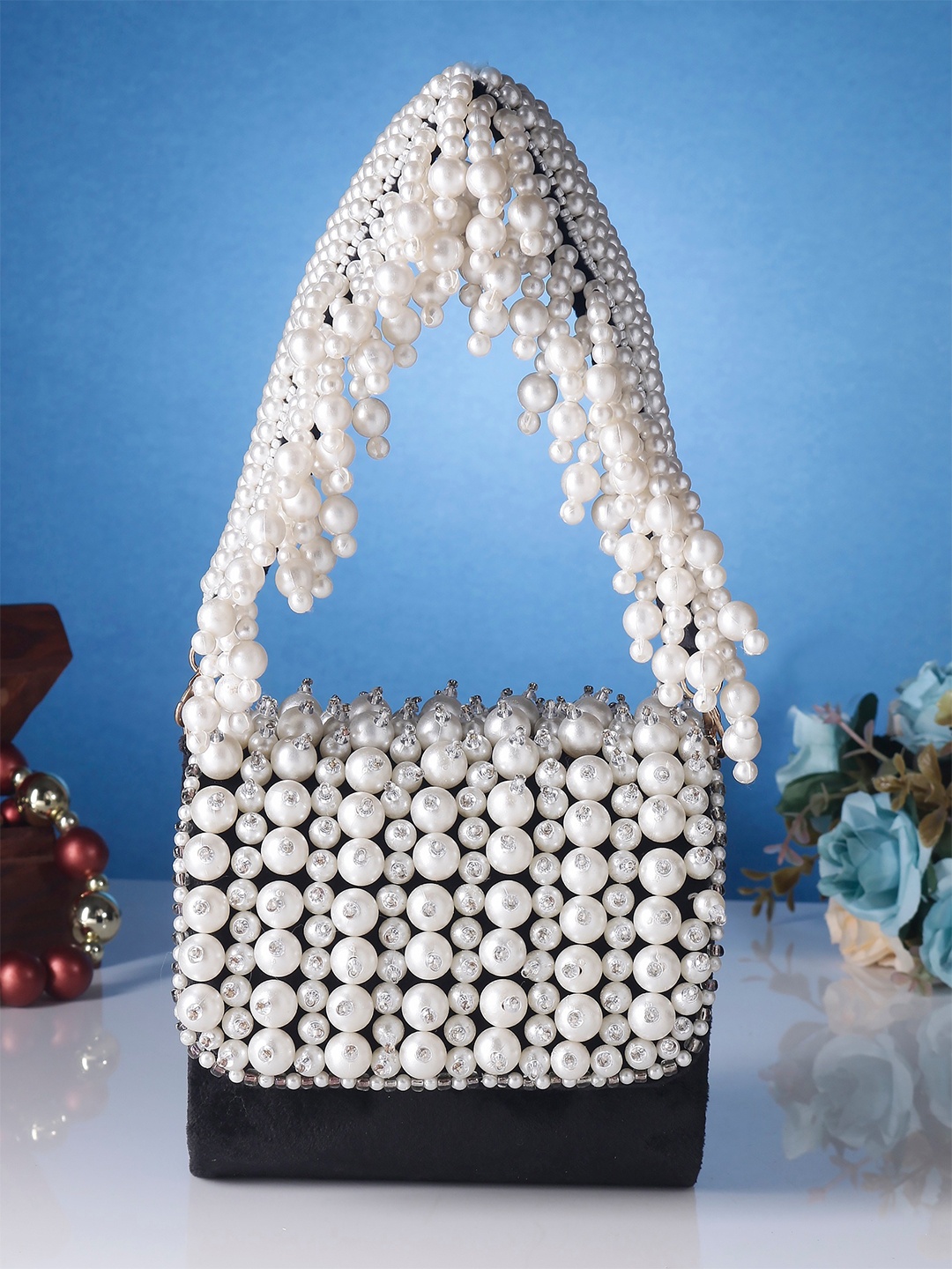 

Swisni Black & White Embellished Foldover Clutch