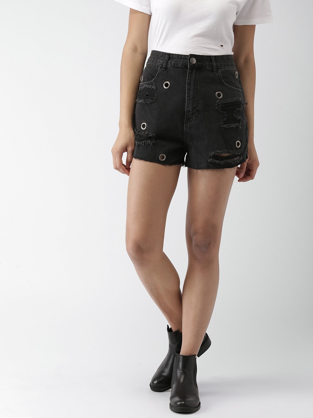 

FOREVER 21 Women Black Self-Design Regular Fit Denim Shorts