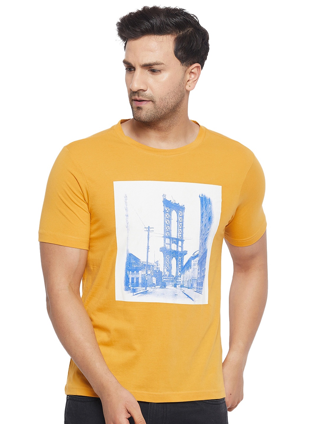 

URKNIT Graphic Printed Cool Max Cotton Regular T-shirt, Mustard