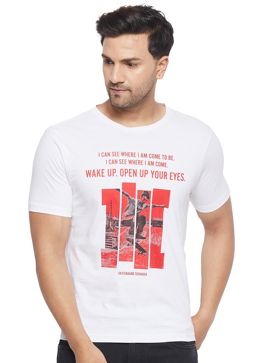 

URKNIT Typography Printed Cool Max Pure Cotton T-shirt, White