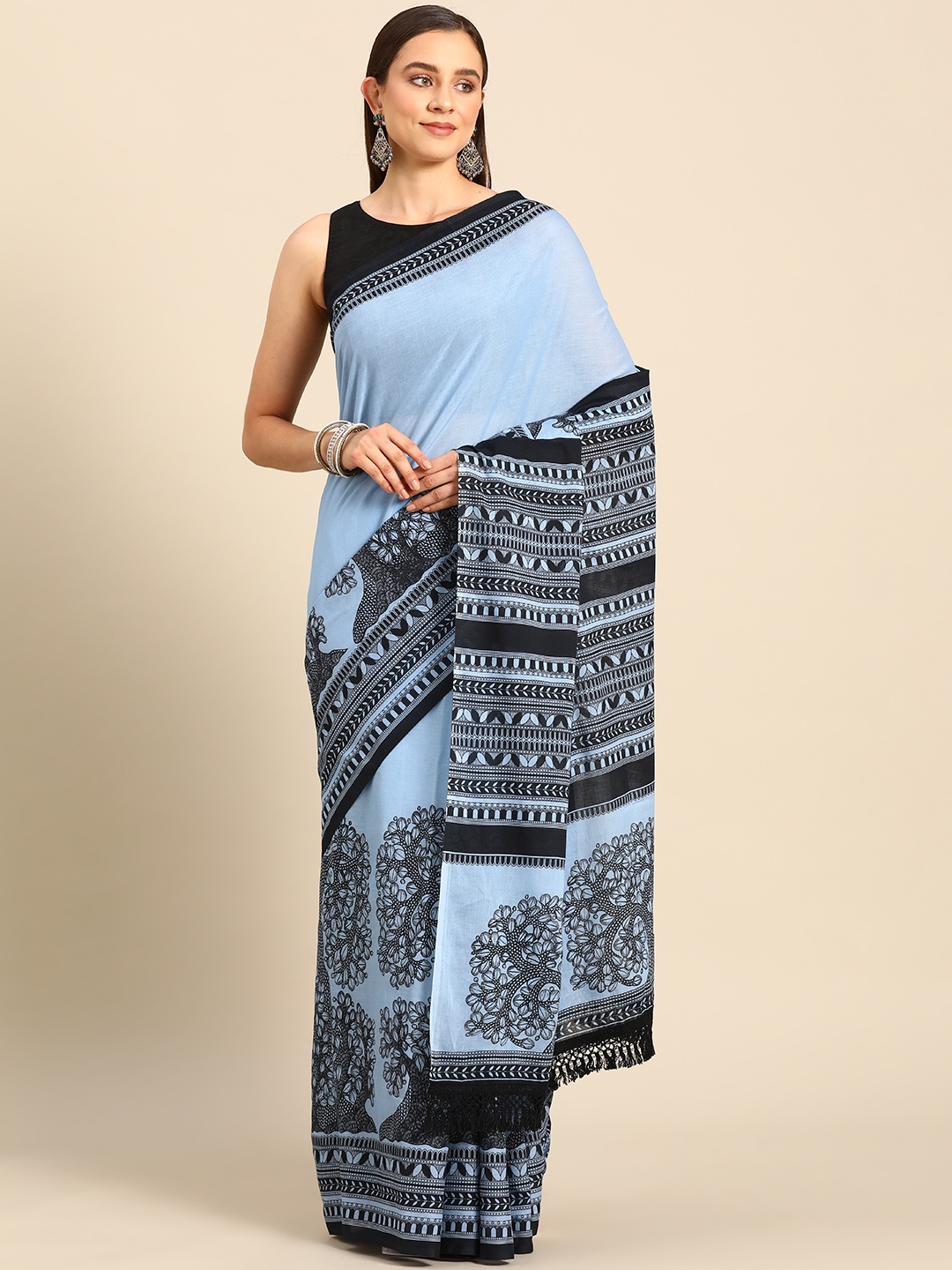 

BUTA BUTI Floral Pure Cotton Saree, Turquoise blue