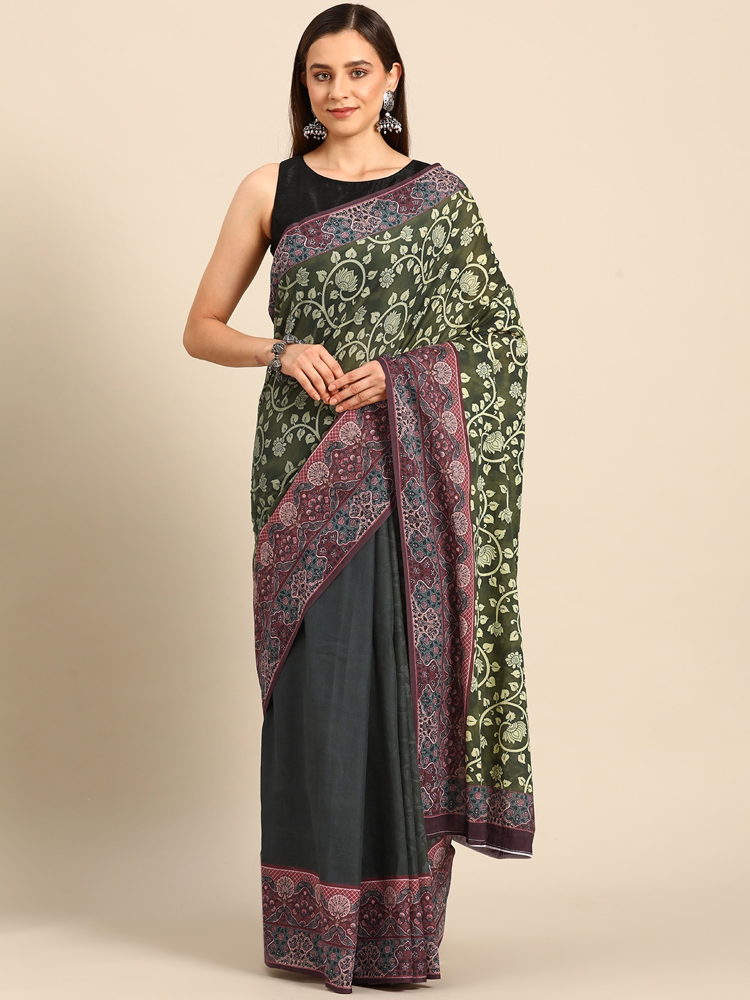 

BUTA BUTI Floral Printed Pure Cotton Saree, Green