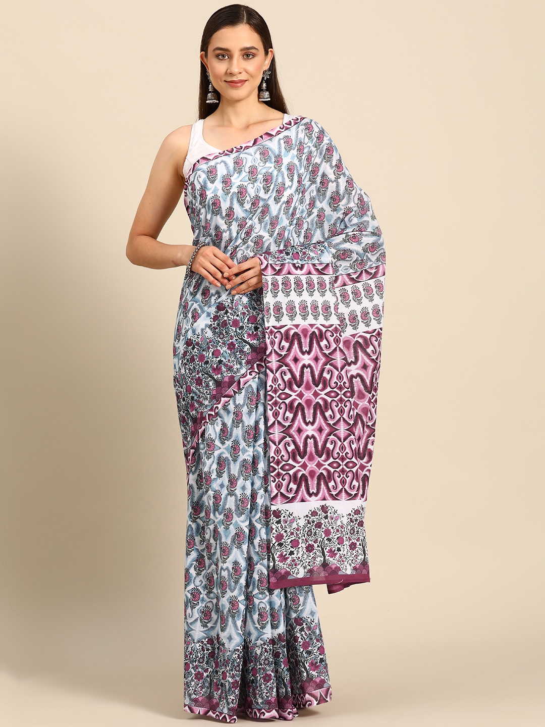 

BUTA BUTI Floral Printed Pure Cotton Saree, Turquoise blue