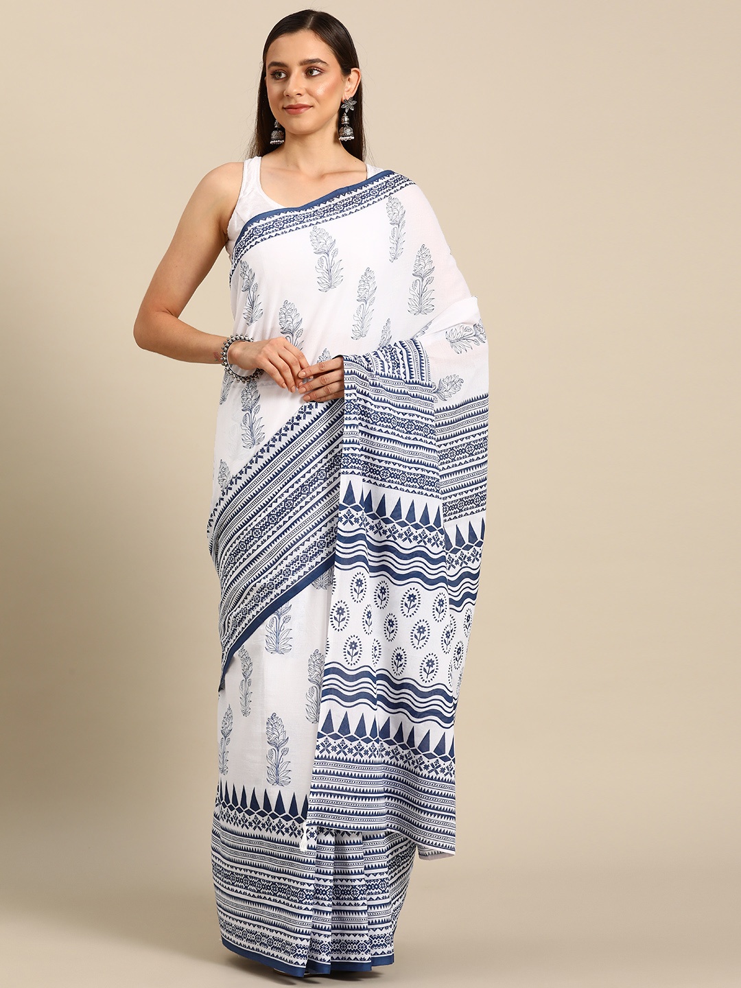 

BUTA BUTI Ethnic Motifs Printed Pure Cotton Saree, White