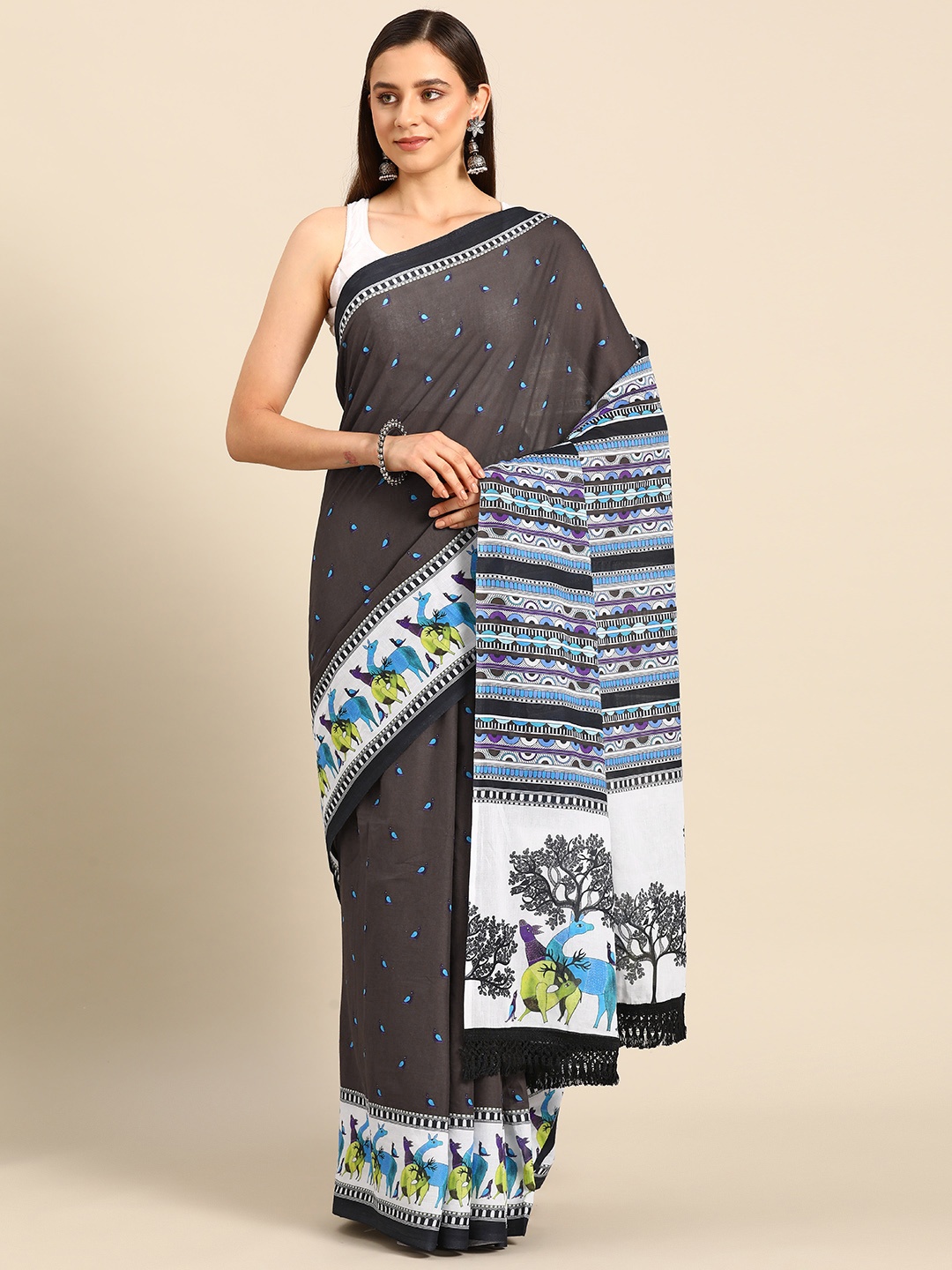 

BUTA BUTI Abstract Printed Pure Cotton Saree, Brown